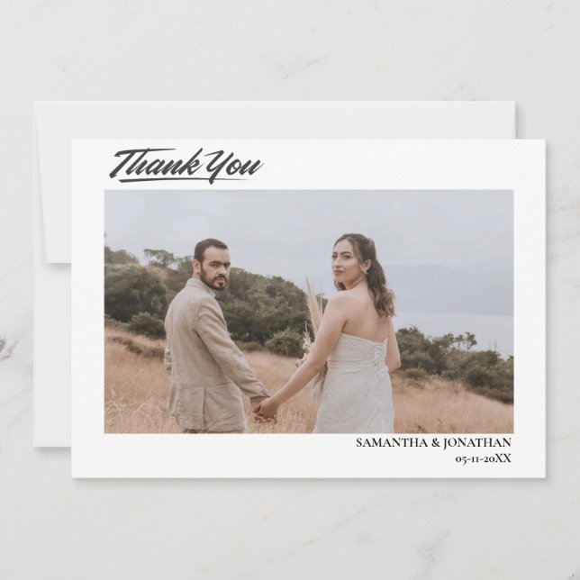 Simple Elegant Modern Script 4 photos wedding Than Thank You Card (Front)
