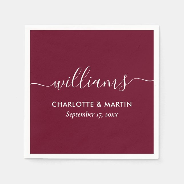 Simple Elegant Modern Script Burgundy Wedding Napkin (Front)