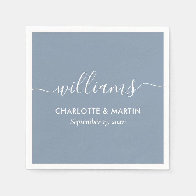 Simple Elegant Modern Script Dusty Blue Wedding Napkin (Front)