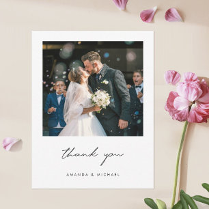 Simple Elegant Modern Script One Photo Wedding Thank You Card