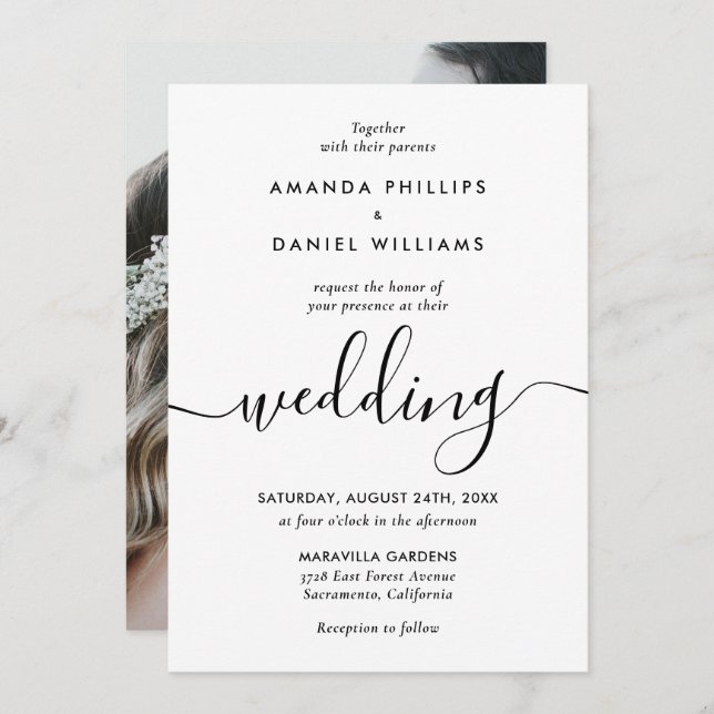 Simple Elegant Modern Script Photo Wedding Invitation (Front/Back)