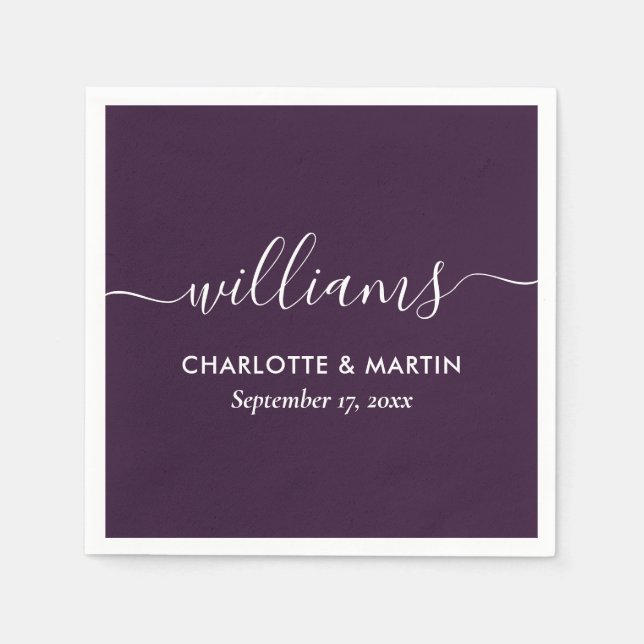 Simple Elegant Modern Script Purple Wedding Napkin (Front)