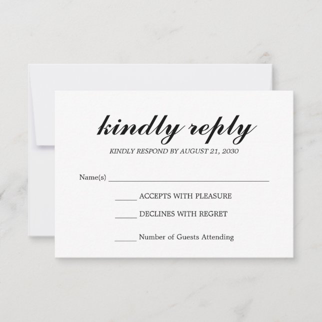 Simple Elegant Modern Script Wedding RSVP Black Card (Front)