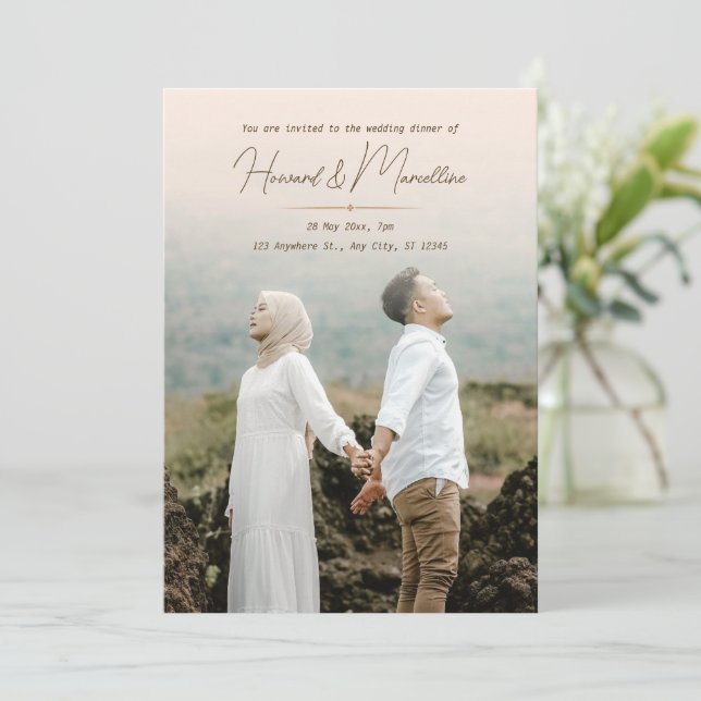 Simple elegant modern Wedding Dinner With Photo Invitation (Standing Front)