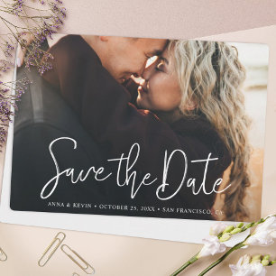 Simple Elegant Modern White Script Photo Wedding Save The Date
