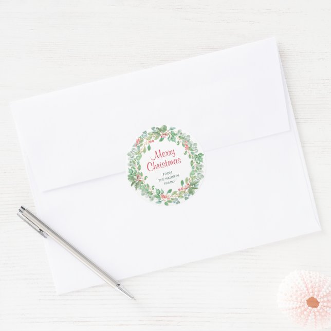 Simple Elegant Modern Wreath Rustic Christmas Classic Round Sticker (Envelope)