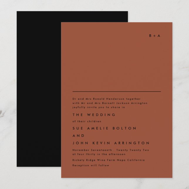 Simple Elegant Monogram Black Terracotta Wedding Invitation (Front/Back)