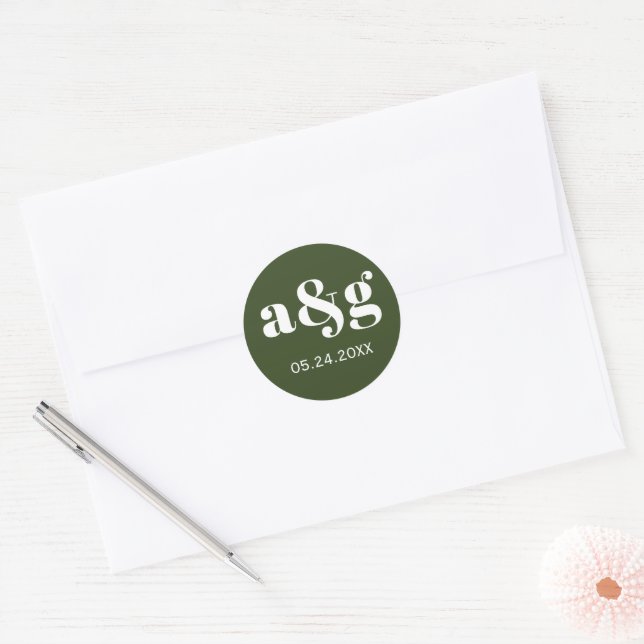 Simple, elegant monogram dark green wedding classic round sticker (Envelope)