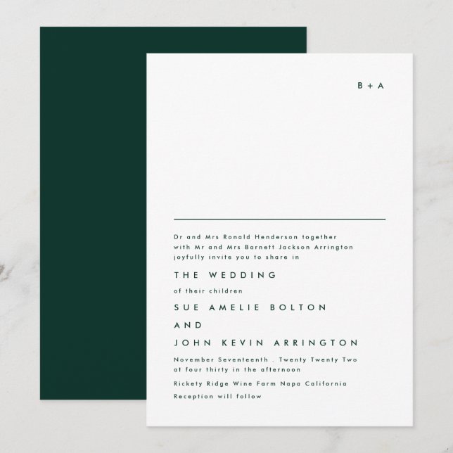Simple Elegant Monogram Emerald Green Wedding Invitation (Front/Back)
