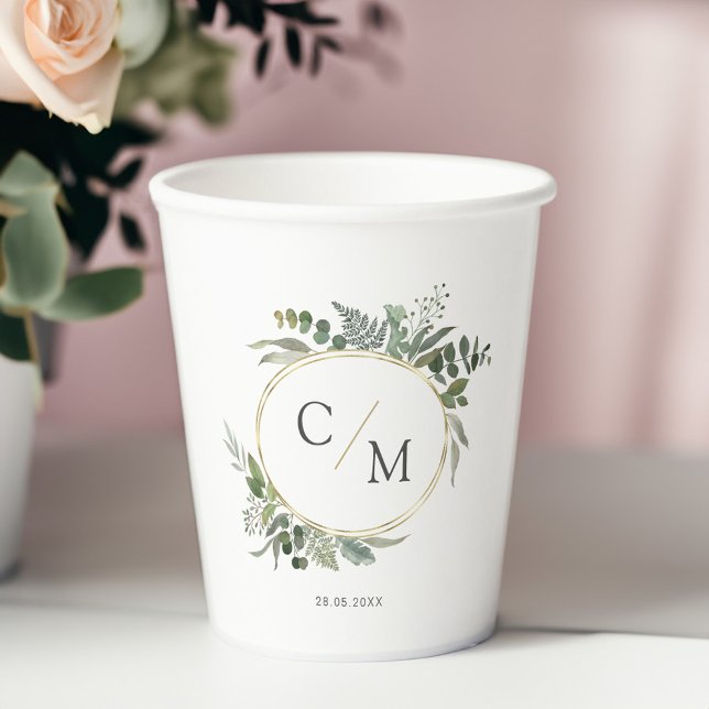 Simple elegant monogram eucalyptus  paper cups (Creator Uploaded)