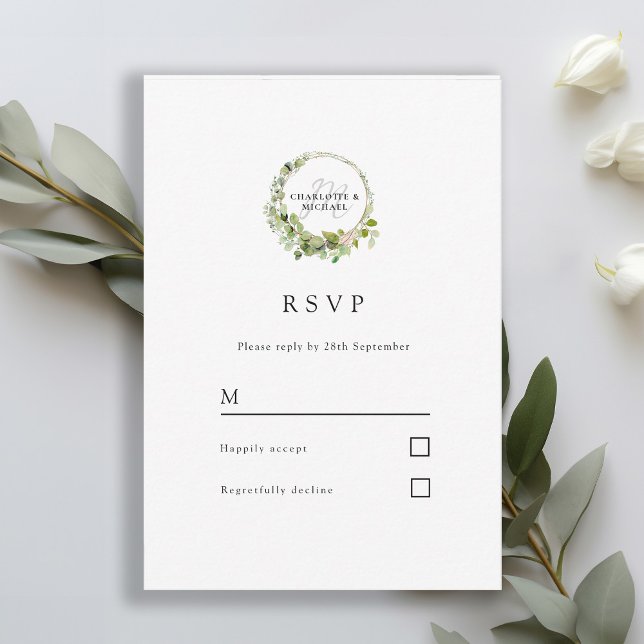 Simple, elegant, monogram eucalyptus Response Card (Creator Uploaded)