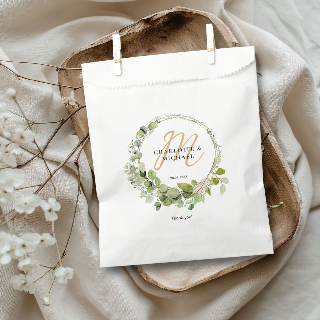 Simple, elegant, monogram eucalyptus wedding   favour bags (Simple, elegant, monogram eucalyptus "Thank You!" wedding favor bag with your name and bag.)
