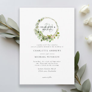 Simple, elegant, monogram eucalyptus wedding invitation