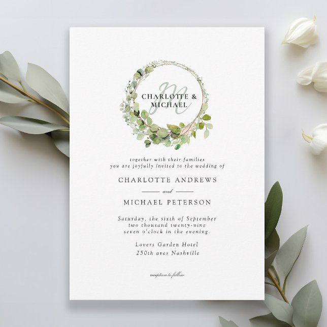 Simple, elegant, monogram eucalyptus wedding invitation (Creator Uploaded)
