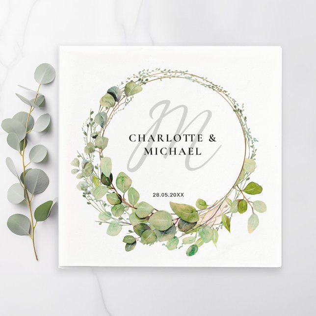 Simple, elegant, monogram eucalyptus wedding napkin (Creator Uploaded)