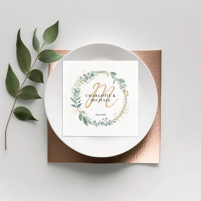 Simple, elegant, monogram eucalyptus wedding  napkin (Creator Uploaded)