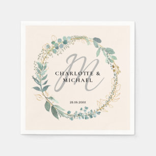 Simple, elegant, monogram eucalyptus wedding napkin