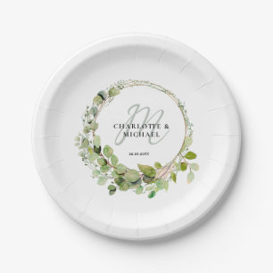 Simple, elegant, monogram eucalyptus wedding  paper plate