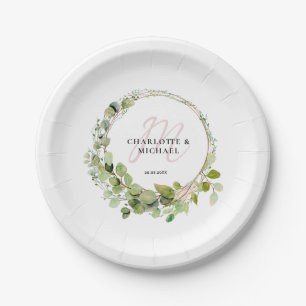 Simple, elegant, monogram eucalyptus wedding paper plate