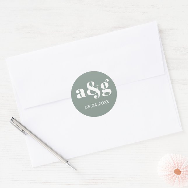 Simple, elegant monogram grey wedding classic round sticker (Envelope)