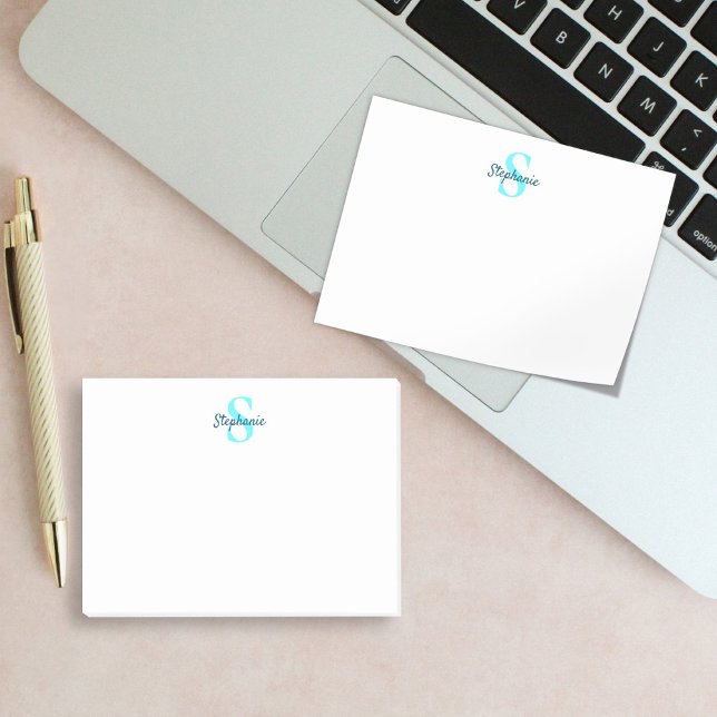 Simple Elegant Monogram Name Aqua Blue Post-it Notes (Creator Uploaded)