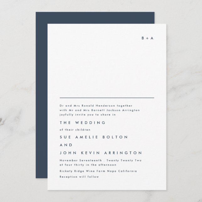 Simple Elegant Monogram Navy Blue White Wedding Invitation (Front/Back)