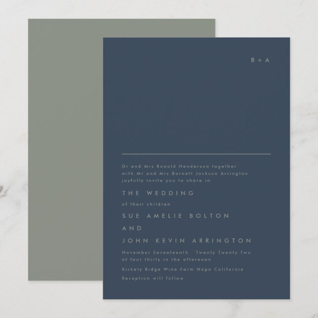 Simple Elegant Monogram Navy & Sage Invitation (Front/Back)