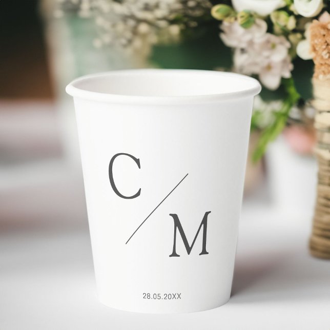 Simple elegant monogram Paper cup (Simple, elegant,wedding  monogram Paper cup with your monogram & date. White & Gray.)