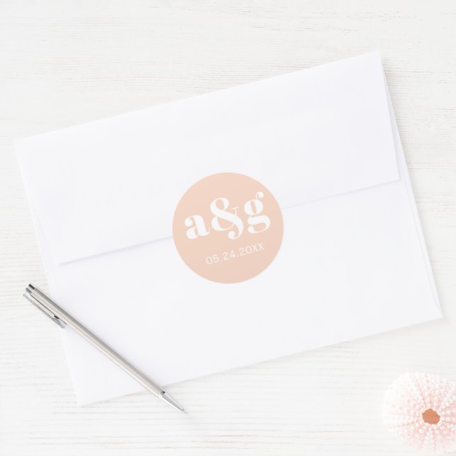 Simple, elegant monogram peach pink wedding classic round sticker (Envelope)