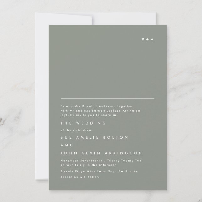 Simple Elegant Monogram Sage Green Wedding Invitation (Front)