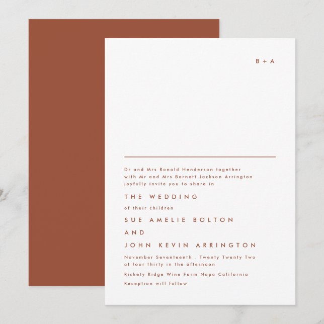 Simple Elegant Monogram Terracotta White Wedding Invitation (Front/Back)