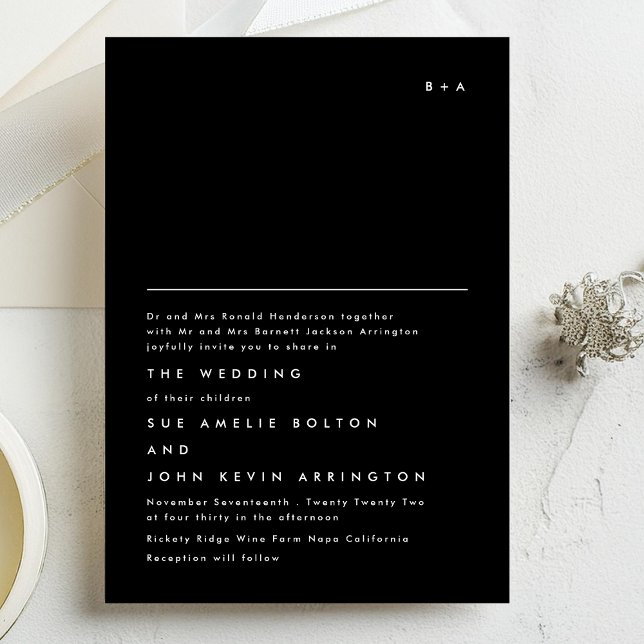 Simple Elegant Monogram Text Onyx White Invitation (Creator Uploaded)