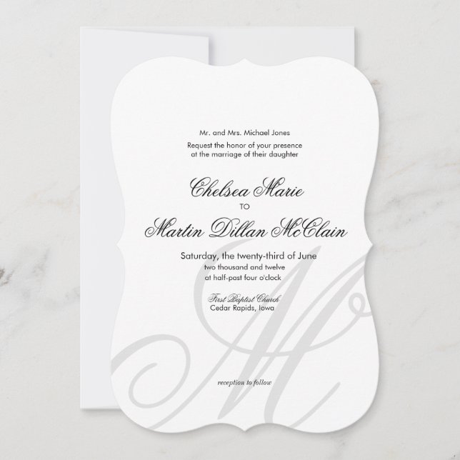 Simple Elegant Monogram white wedding invite (Front)