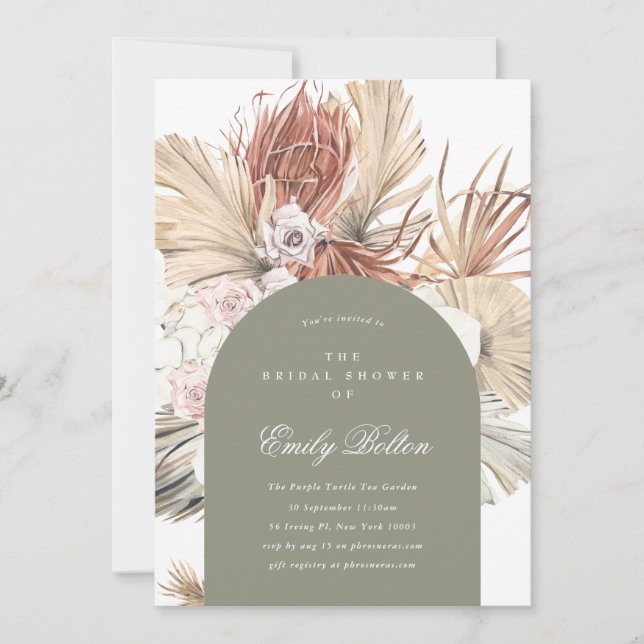 Simple Elegant Moss Green Arch Floral Pampas Boho Invitation (Front)