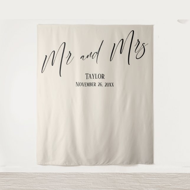 Simple Elegant Mr and Mrs Cream Photo Backdrop Tapestry (Front)