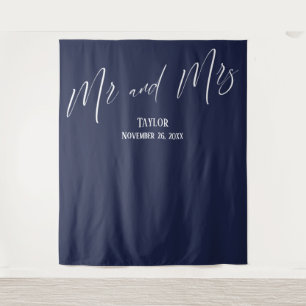 Simple Elegant Mr and Mrs Navy Photo Backdrop Tapestry