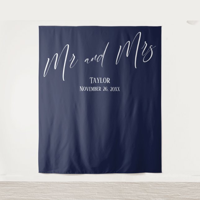 Simple Elegant Mr and Mrs Navy Photo Backdrop Tapestry (Front)