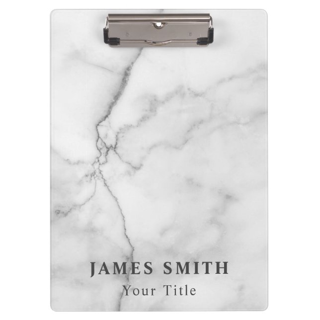 Simple Elegant Name Script White Marble Clipboard (Front)