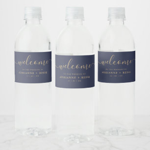 Simple Elegant Navy and Gold Wedding Water Bottle  Label
