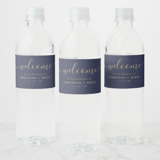 Simple Elegant Navy and Gold Wedding Water Bottle Label