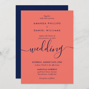 Simple Elegant Navy Blue and Coral Modern Wedding Invitation