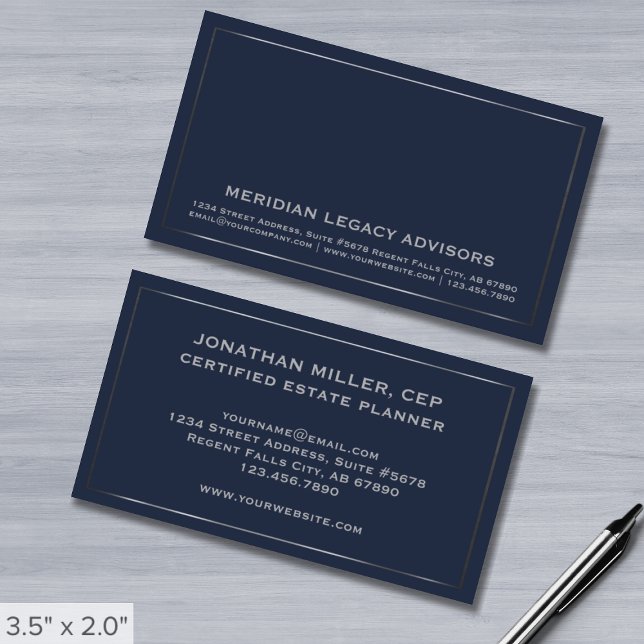Simple Elegant Navy Blue and Silver Business Card (Creator Uploaded)