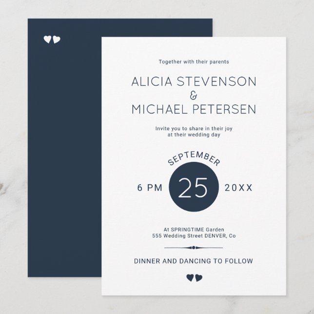 Simple elegant navy blue and white wedding invitation (Front/Back)