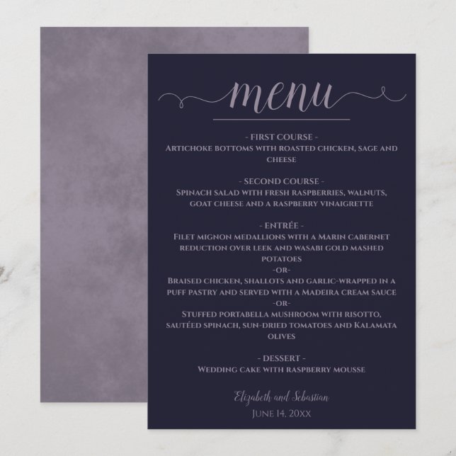 Simple Elegant Navy Blue & Dusty Purple Wedding Menu (Front/Back)
