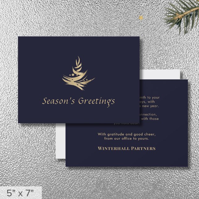 Simple Elegant Navy Blue Gold Christmas Tree Holiday Card (Creator Uploaded)