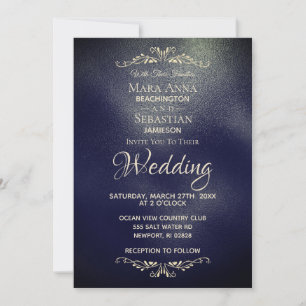 *~* Simple Elegant Navy BLue Gold   Wedding Invitation