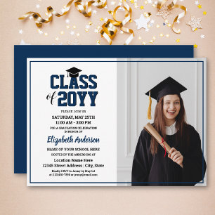 Simple Elegant Navy Blue Graduate Photo Graduation Invitation