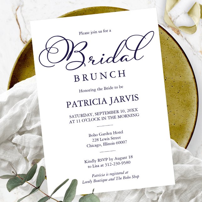 Simple Elegant Navy Blue Script Bridal Brunch Invitation (Creator Uploaded)