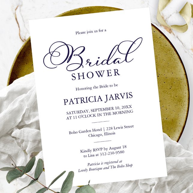 Simple Elegant Navy Blue Script Bridal Shower Invitation (Creator Uploaded)