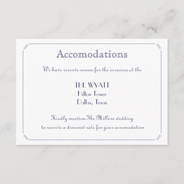 Simple Elegant Navy Blue  Wedding Accomodation Enclosure Card (Front)